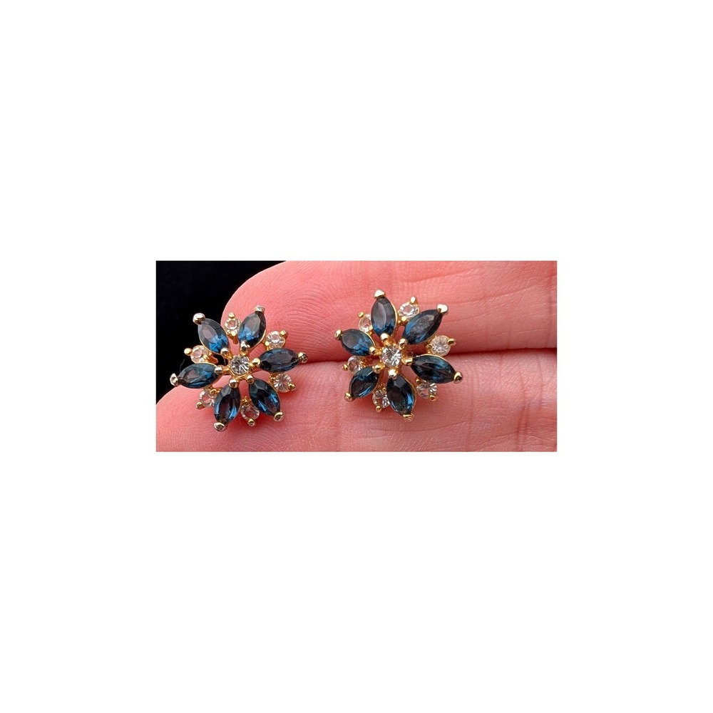 Vintage Gold Tone Blue Rhinestone Starburst Floral Stud Earrings Navy Clear